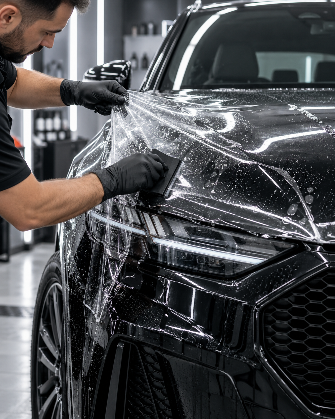 Paint Protection Film being professionally installed on a vehicle in Frome, Somerset