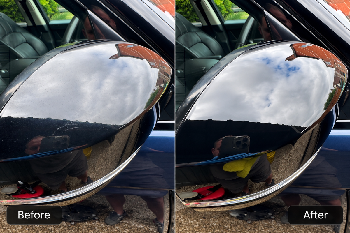 Before and after paint correction on a black car wing mirror showing swirl and scratch removal