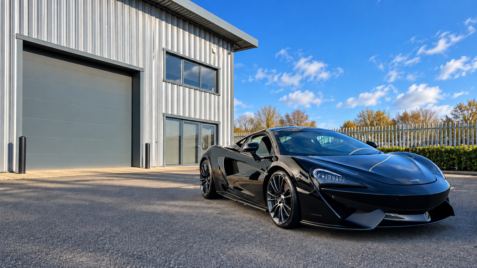 Black McLaren outside a vehicle detailing workshop in Frome, Somerset