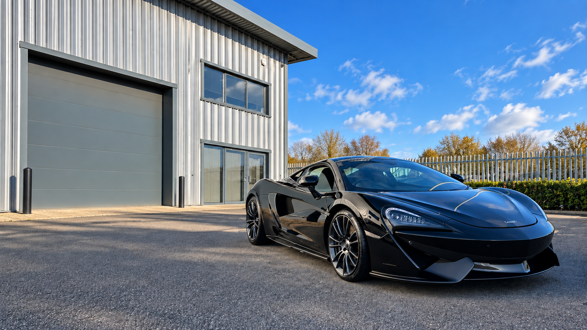 Black McLaren outside a vehicle detailing workshop in Frome, Somerset